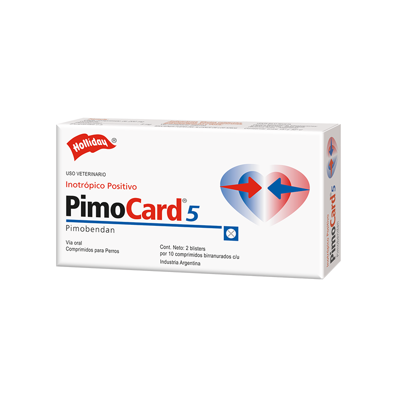 Envase comercial de PimoCard 5 mg, laboratorio Holliday